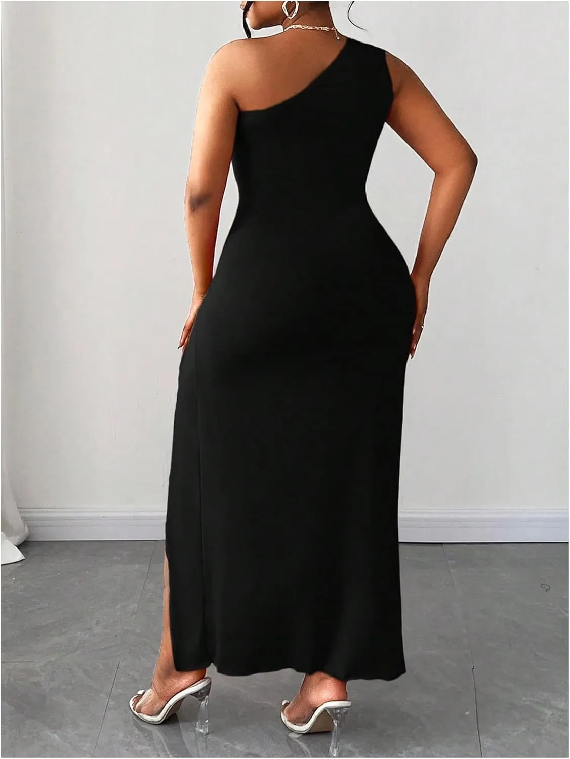 COZYEASE Women's Plus Size Cut Out One Shoulder Dress Sleeveless Split Thigh Bodycon Midi Dress