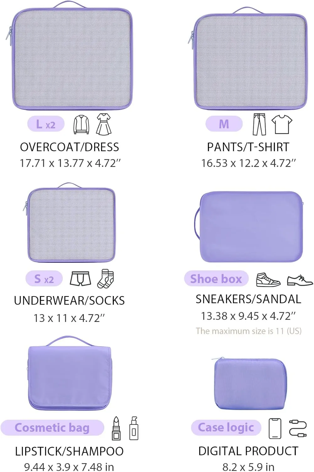 DIMJ Packing Cubes for Travel - Organizer Bags Set for Carry on Suitcase Lightweight Packing Cubes for Suitcase Cubes for luggage with Large Toiletries Bag (Purple)