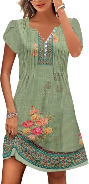 Disamer Womens Casual Dresses Short Sleeve Summer Dresses 2025 Boho Floral Beach Sundresses Spring A-Line Dress with Pockets