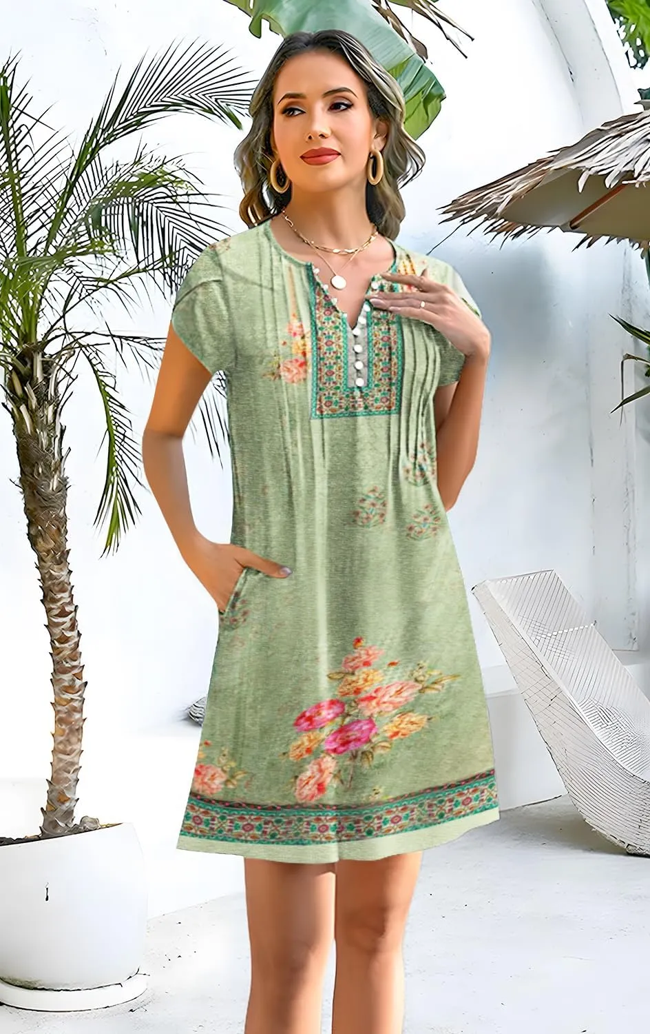 Disamer Womens Casual Dresses Short Sleeve Summer Dresses 2025 Boho Floral Beach Sundresses Spring A-Line Dress with Pockets