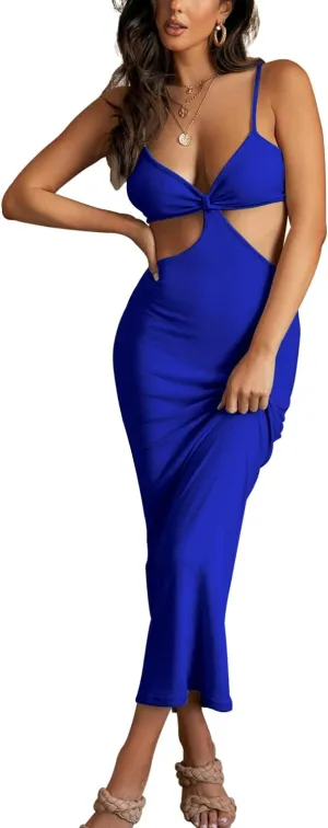 DREAM SLIM-Women's Sexy Spaghetti Straps Knitted Maxi Dresses Cut Out Backless Dress Bodycon Halter Neck Club Party Dress