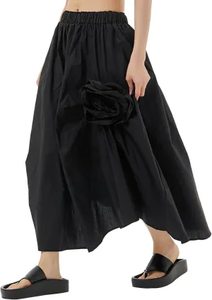ebossy Women's 3D Floral Novelty Long Skirt Asymmetrical Pleated Summer Flowy Cotton Baggy Skirts