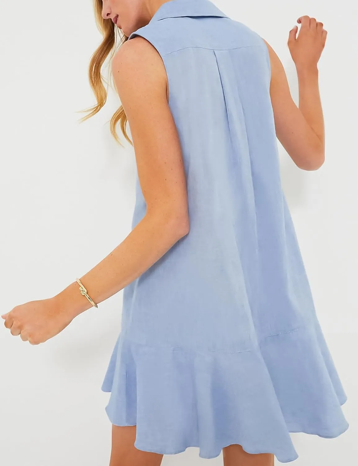 Eisctnd Womens Sleeveless Shirt Dress 2025 Ruffle Hem Cotton Tunic Tank Dress with Pocket Button Up Swing Shift Mini Dresses