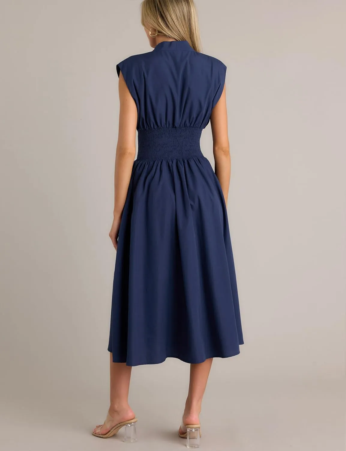 FANCYINN Summer Casual Womens Maxi Dress Sleeveless V Neck Waist Aline Front Zipper High Slit Flowy Long Dress Pockets