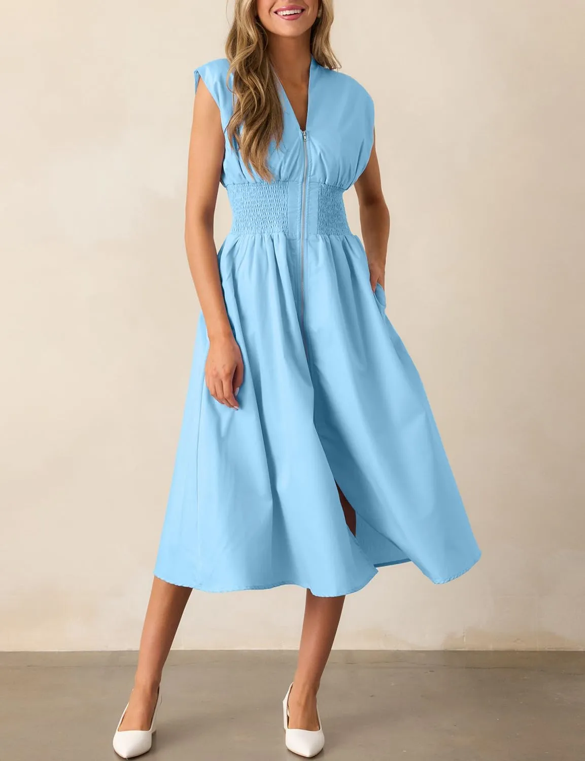 FANCYINN Summer Casual Womens Maxi Dress Sleeveless V Neck Waist Aline Front Zipper High Slit Flowy Long Dress Pockets