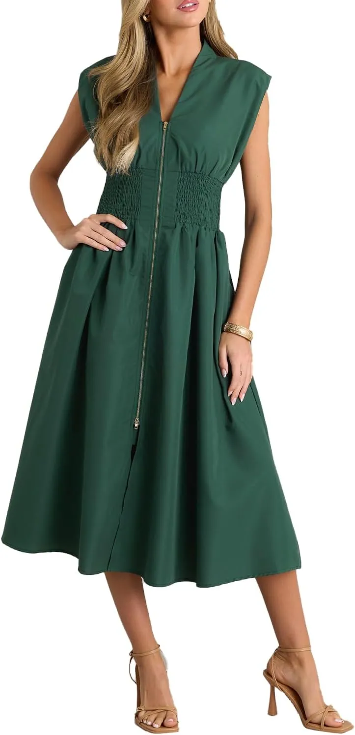 FANCYINN Summer Casual Womens Maxi Dress Sleeveless V Neck Waist Aline Front Zipper High Slit Flowy Long Dress Pockets