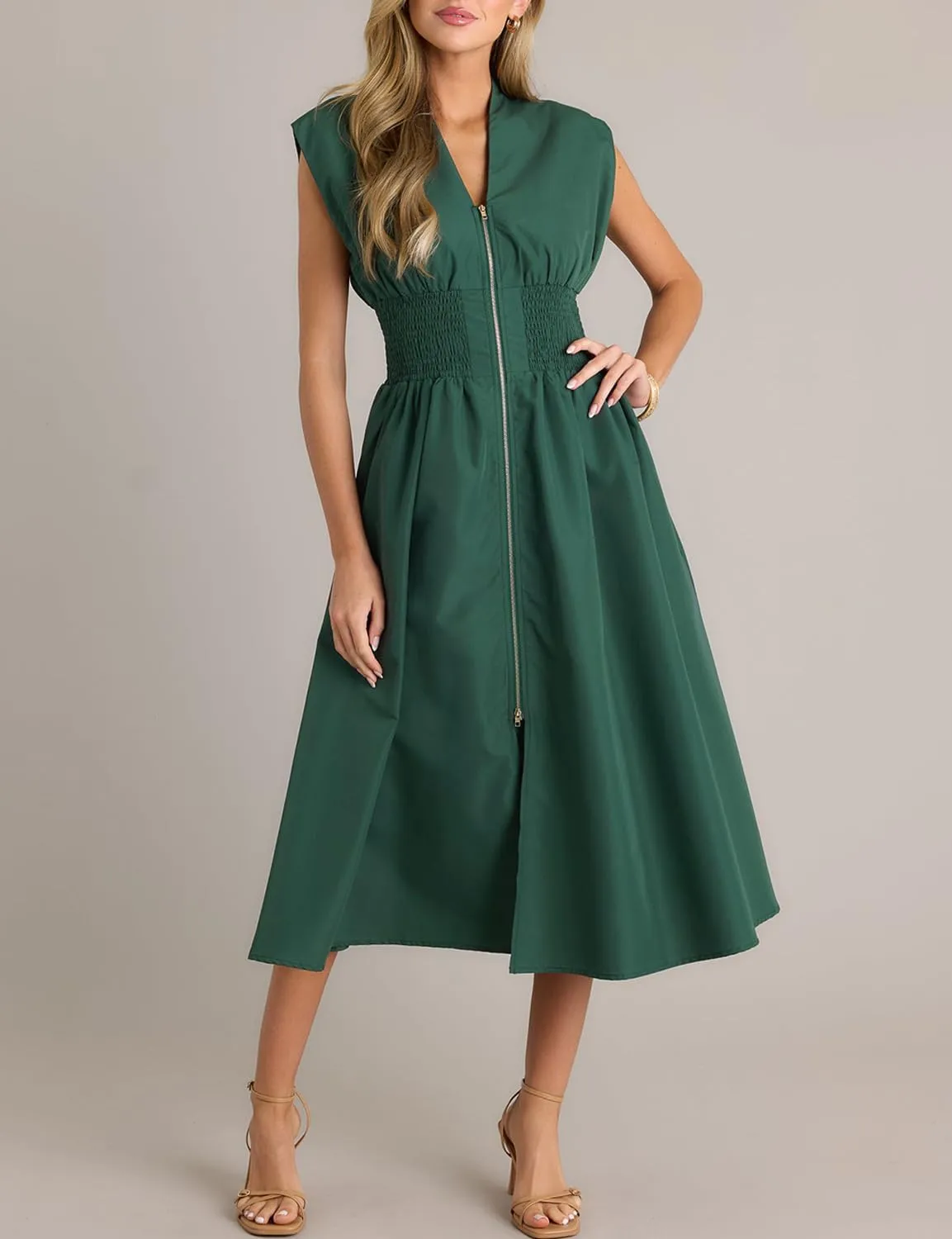 FANCYINN Summer Casual Womens Maxi Dress Sleeveless V Neck Waist Aline Front Zipper High Slit Flowy Long Dress Pockets