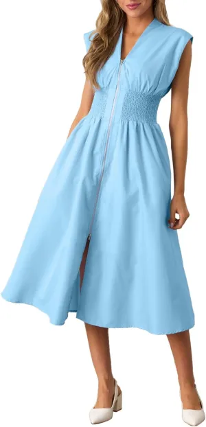 FANCYINN Summer Casual Womens Maxi Dress Sleeveless V Neck Waist Aline Front Zipper High Slit Flowy Long Dress Pockets