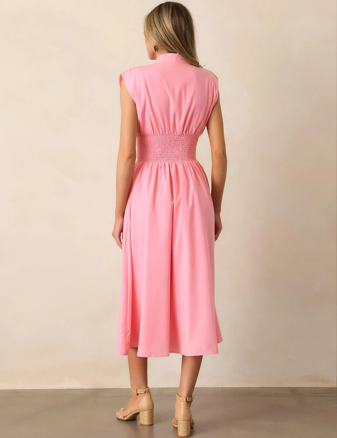 FANCYINN Summer Casual Womens Maxi Dress Sleeveless V Neck Waist Aline Front Zipper High Slit Flowy Long Dress Pockets