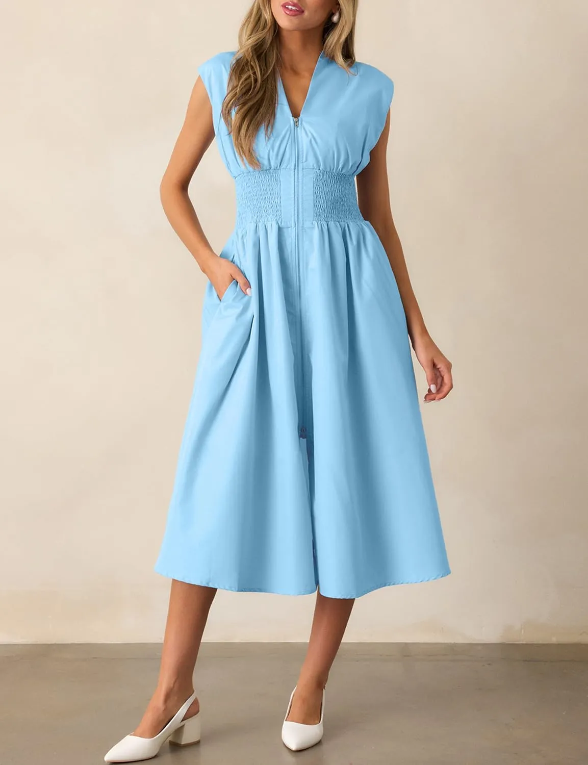 FANCYINN Summer Casual Womens Maxi Dress Sleeveless V Neck Waist Aline Front Zipper High Slit Flowy Long Dress Pockets