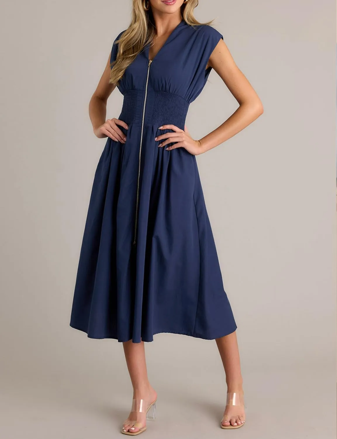 FANCYINN Summer Casual Womens Maxi Dress Sleeveless V Neck Waist Aline Front Zipper High Slit Flowy Long Dress Pockets