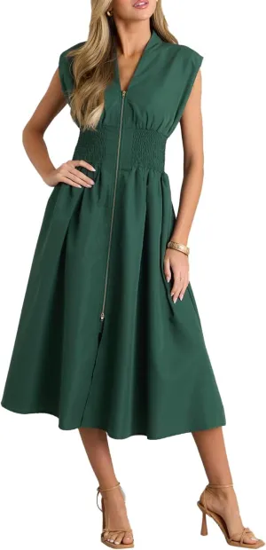 FANCYINN Summer Casual Womens Maxi Dress Sleeveless V Neck Waist Aline Front Zipper High Slit Flowy Long Dress Pockets