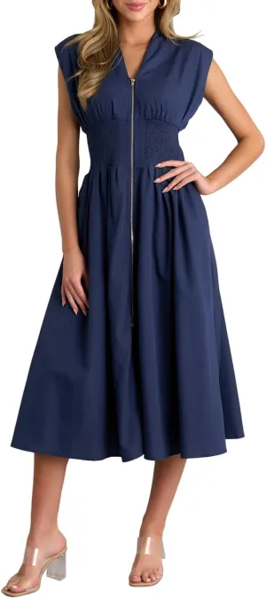 FANCYINN Summer Casual Womens Maxi Dress Sleeveless V Neck Waist Aline Front Zipper High Slit Flowy Long Dress Pockets