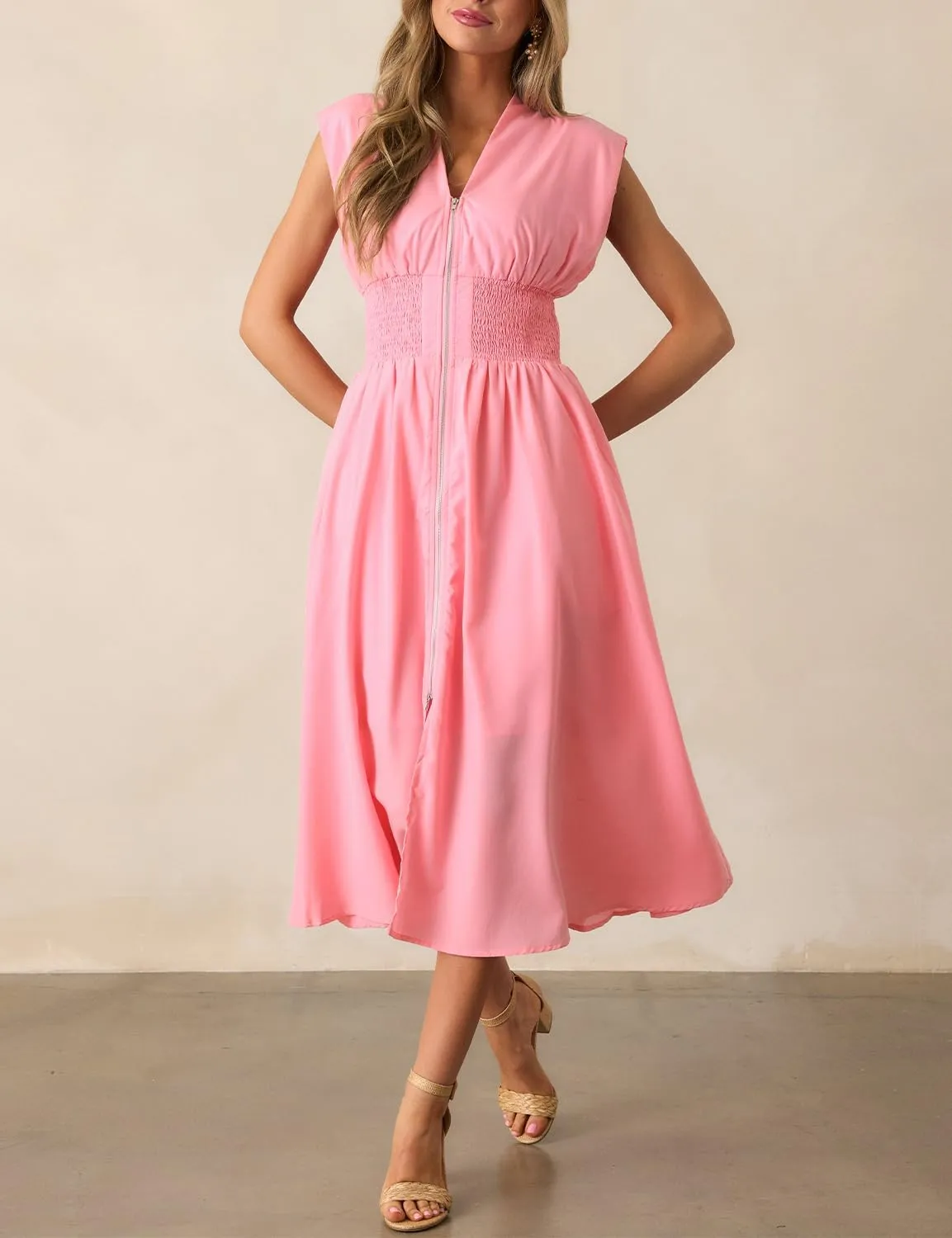 FANCYINN Summer Casual Womens Maxi Dress Sleeveless V Neck Waist Aline Front Zipper High Slit Flowy Long Dress Pockets