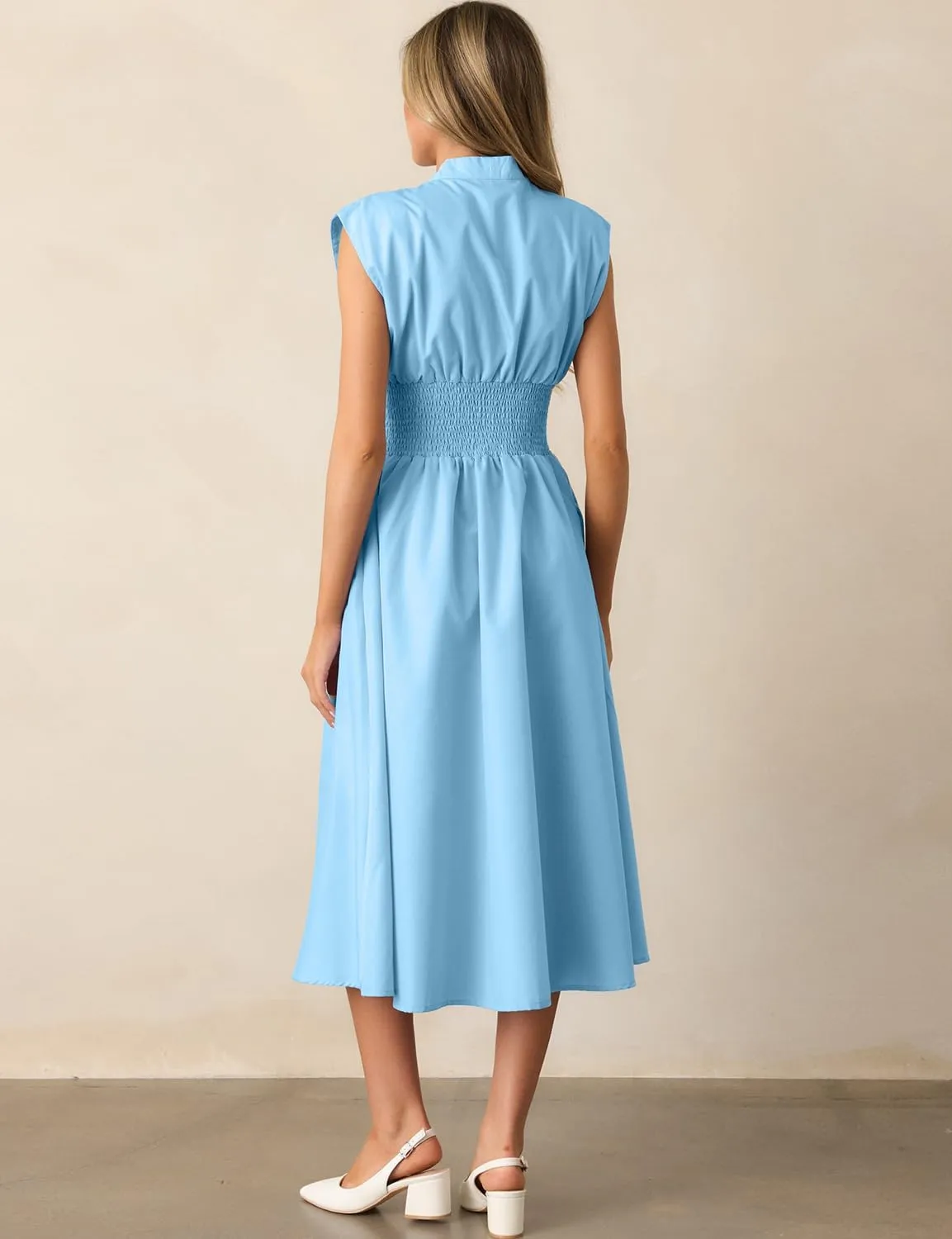 FANCYINN Summer Casual Womens Maxi Dress Sleeveless V Neck Waist Aline Front Zipper High Slit Flowy Long Dress Pockets