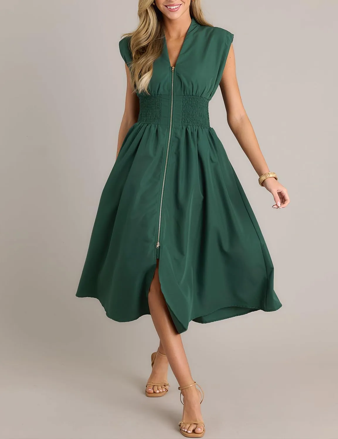 FANCYINN Summer Casual Womens Maxi Dress Sleeveless V Neck Waist Aline Front Zipper High Slit Flowy Long Dress Pockets