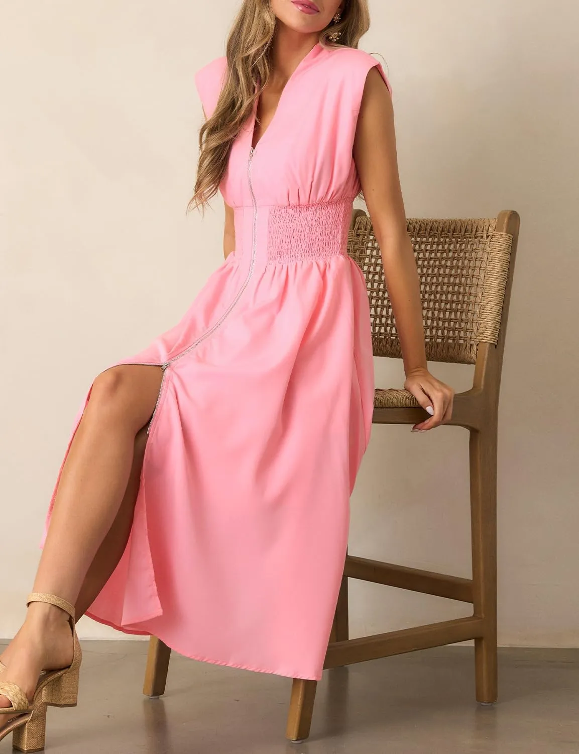 FANCYINN Summer Casual Womens Maxi Dress Sleeveless V Neck Waist Aline Front Zipper High Slit Flowy Long Dress Pockets
