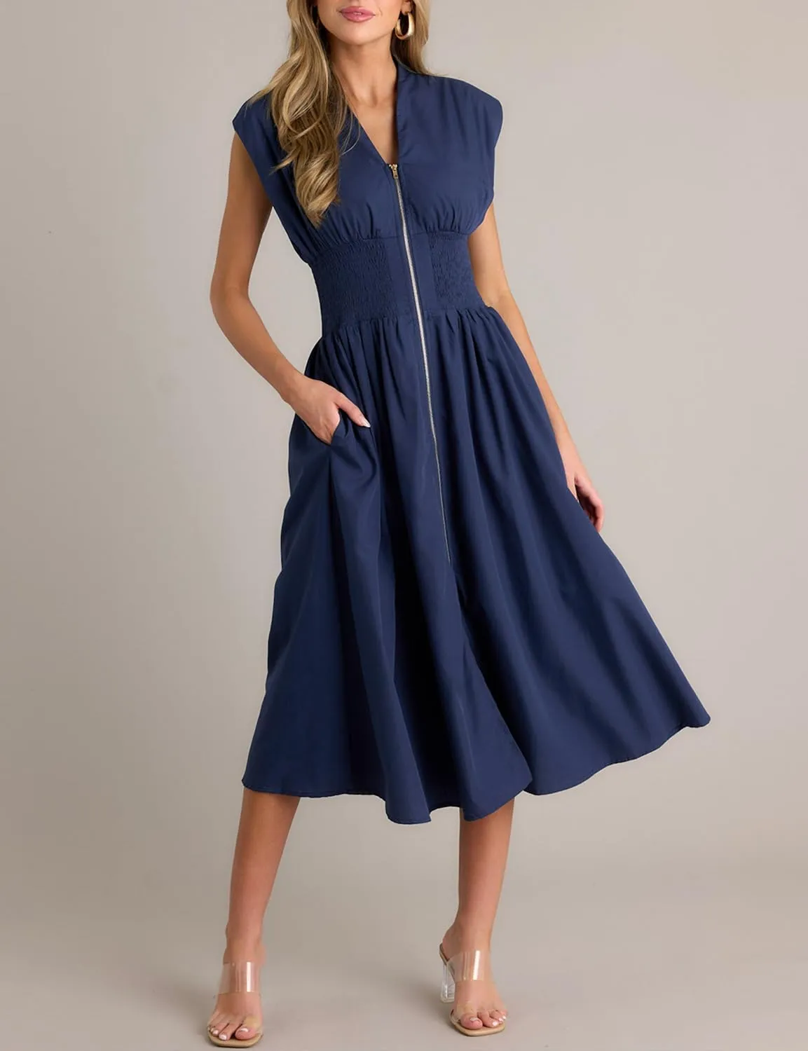 FANCYINN Summer Casual Womens Maxi Dress Sleeveless V Neck Waist Aline Front Zipper High Slit Flowy Long Dress Pockets