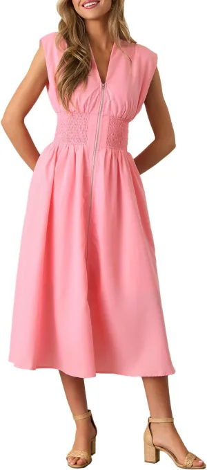 FANCYINN Summer Casual Womens Maxi Dress Sleeveless V Neck Waist Aline Front Zipper High Slit Flowy Long Dress Pockets