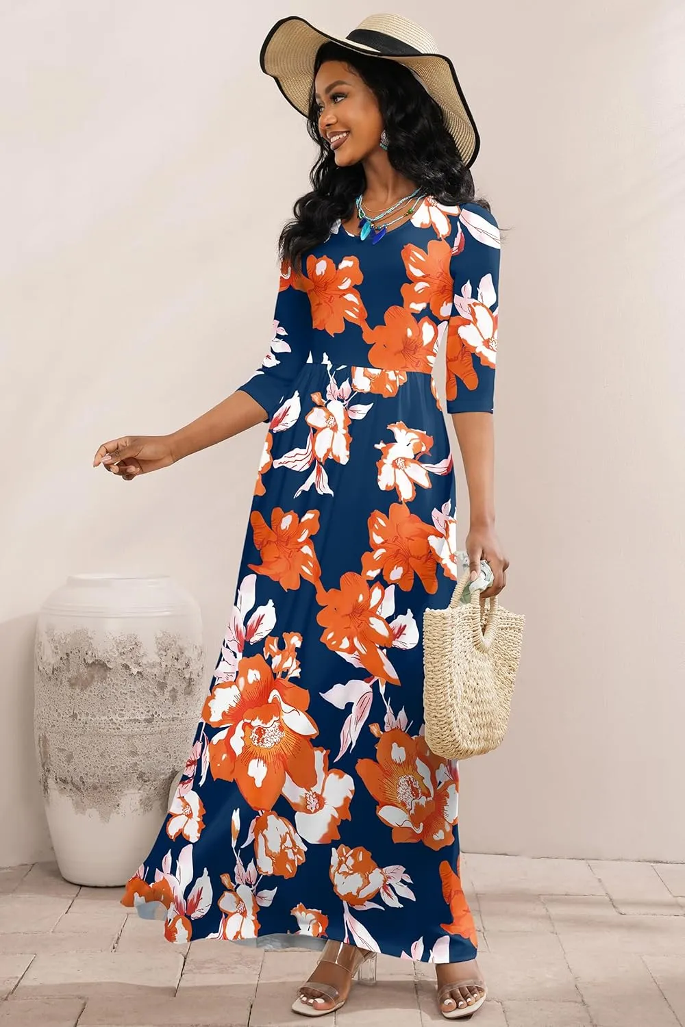 FANDEE Summer Maxi Dress for Women 3/4 Sleeve Crew Neck Floral Print Casual Dress with Pockets