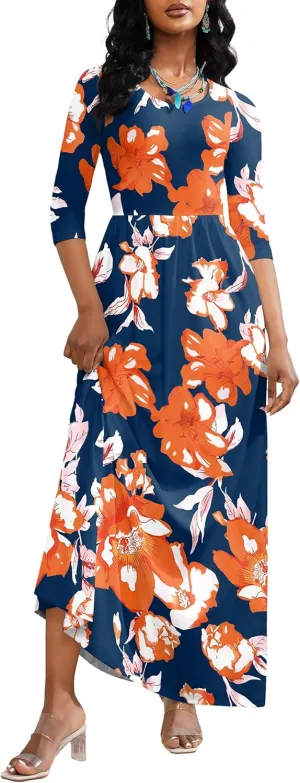 FANDEE Summer Maxi Dress for Women 3/4 Sleeve Crew Neck Floral Print Casual Dress with Pockets