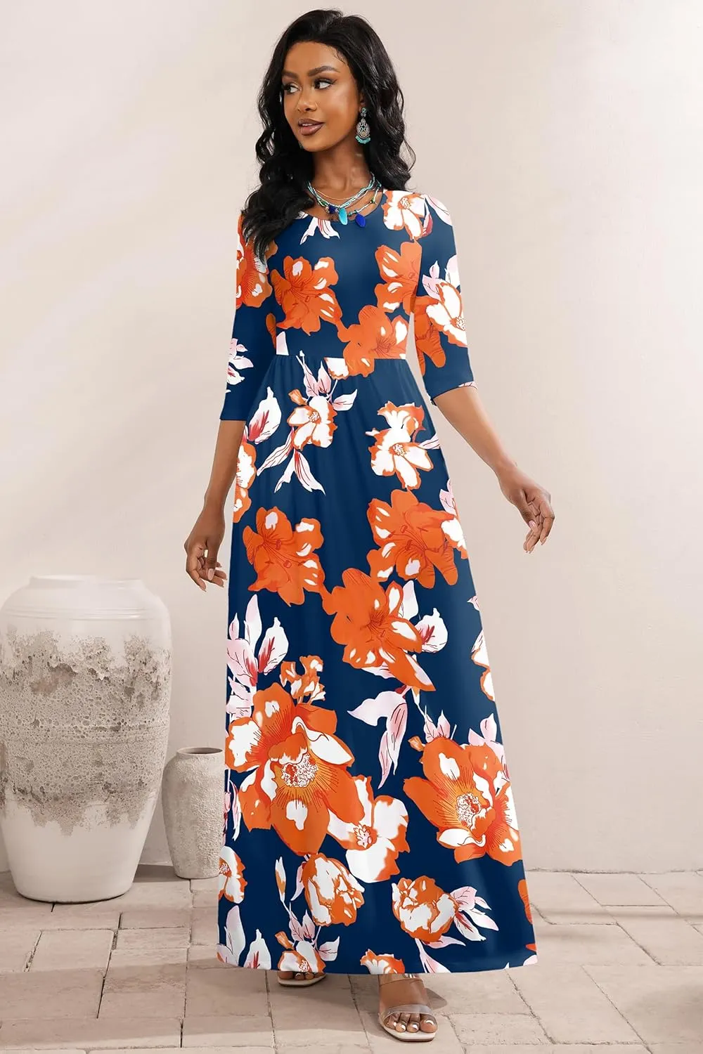 FANDEE Summer Maxi Dress for Women 3/4 Sleeve Crew Neck Floral Print Casual Dress with Pockets