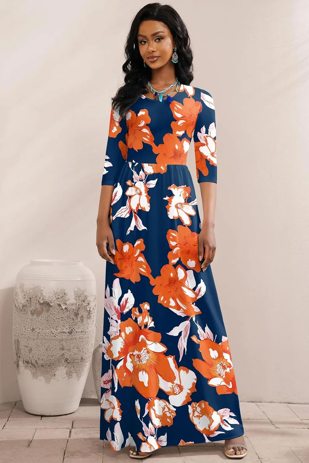FANDEE Summer Maxi Dress for Women 3/4 Sleeve Crew Neck Floral Print Casual Dress with Pockets