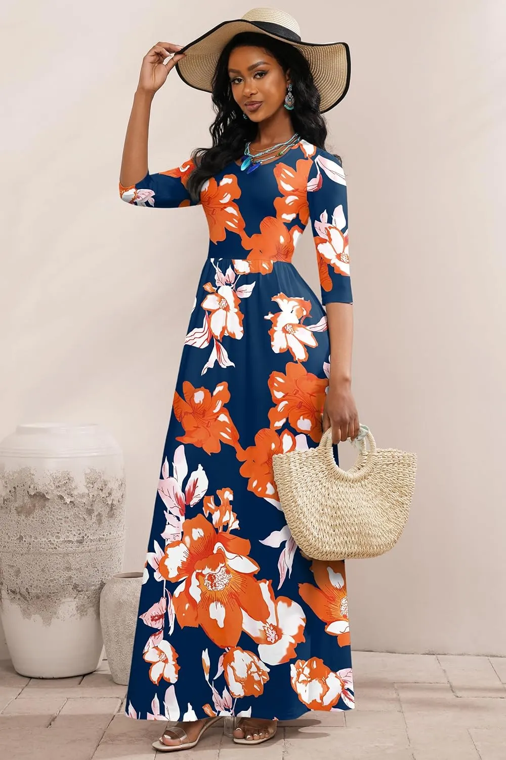 FANDEE Summer Maxi Dress for Women 3/4 Sleeve Crew Neck Floral Print Casual Dress with Pockets