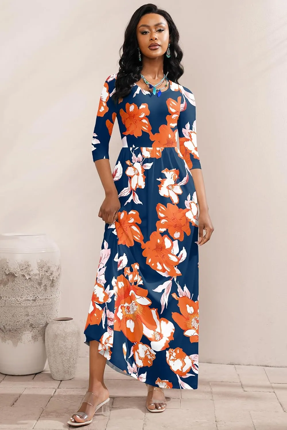 FANDEE Summer Maxi Dress for Women 3/4 Sleeve Crew Neck Floral Print Casual Dress with Pockets