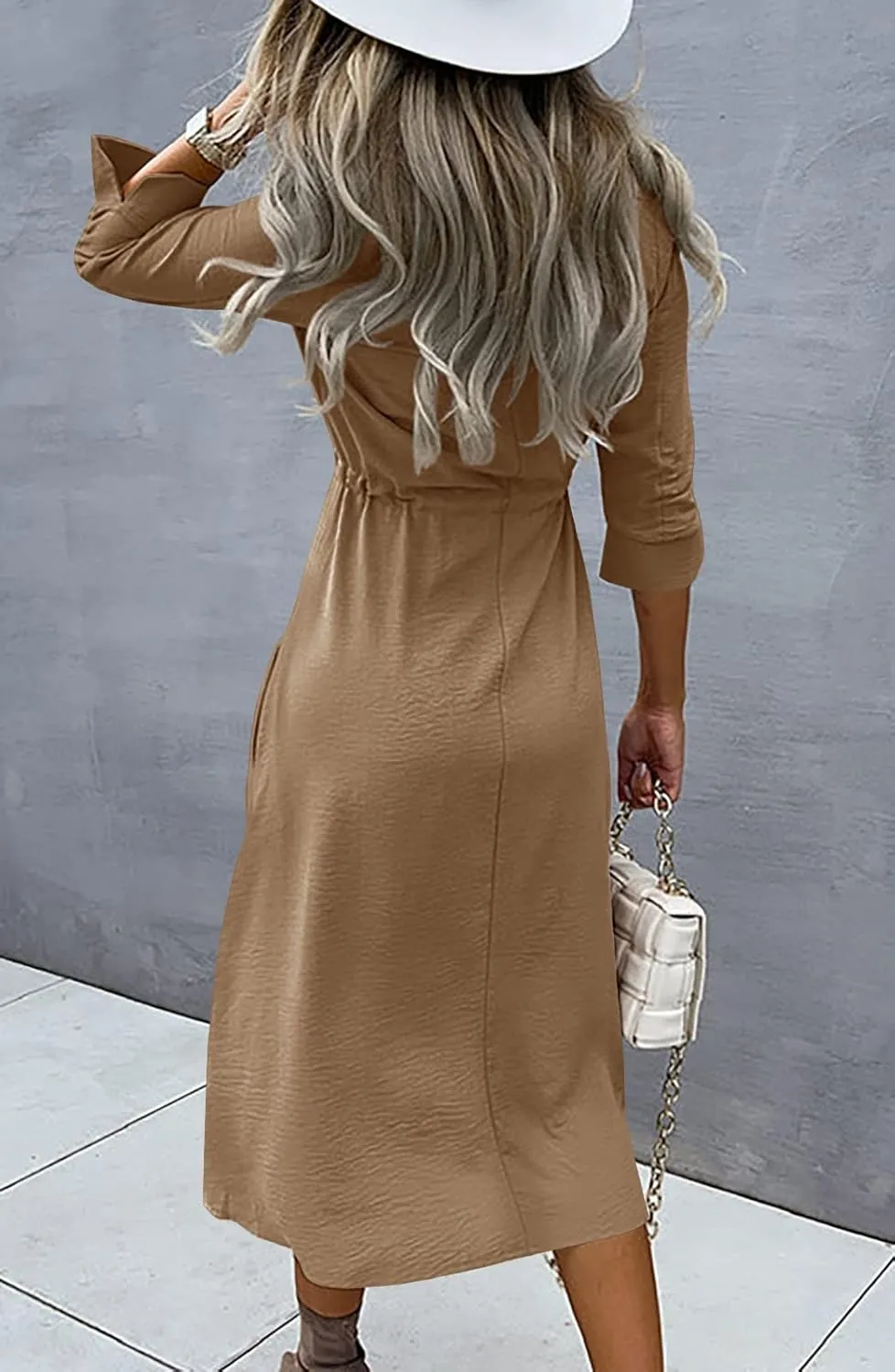 Febriajuce Women's 3/4 Sleeve Midi Dress Casual Drawstring Belted Round Neck Plain Tie Waist Loose High Waist Long Dress