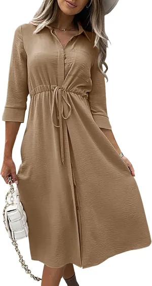 Febriajuce Women's 3/4 Sleeve Midi Dress Casual Drawstring Belted Round Neck Plain Tie Waist Loose High Waist Long Dress