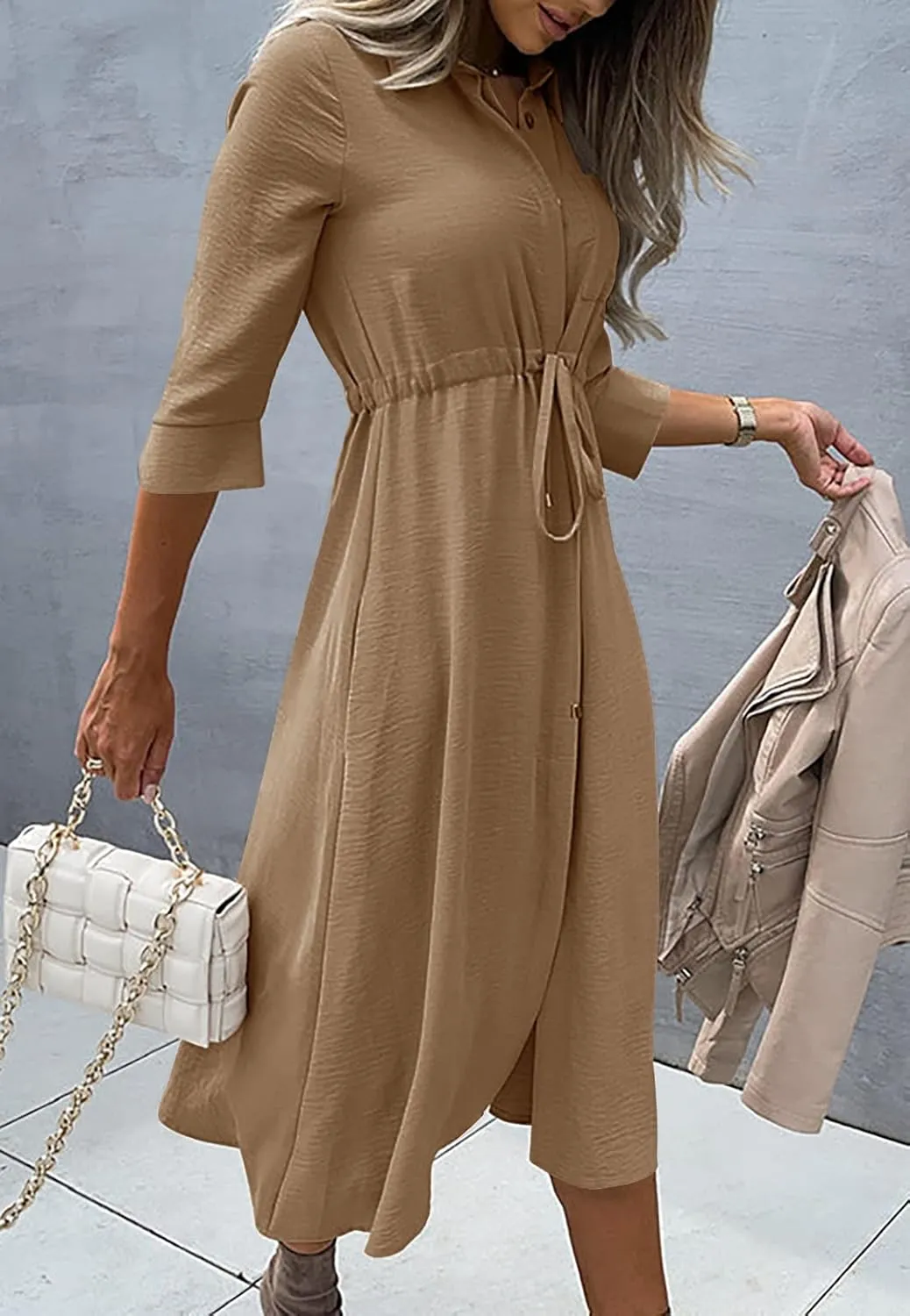 Febriajuce Women's 3/4 Sleeve Midi Dress Casual Drawstring Belted Round Neck Plain Tie Waist Loose High Waist Long Dress