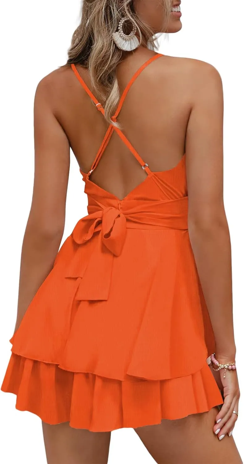 Fixmatti Women Spaghetti Strap Romper V Neck Backless Ruffle Chiffon Shorts Jumpsuit Playsuit