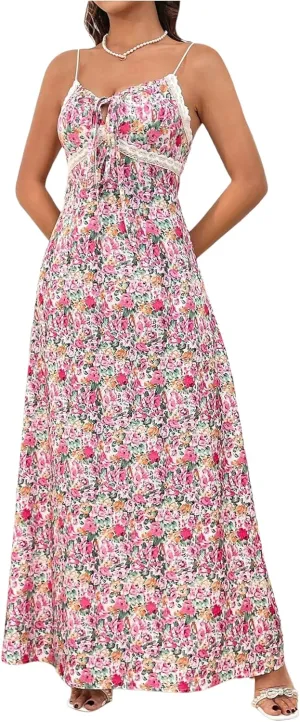 Floerns Women's Floral Print Tie Front Milkmaid Dress Sleeveless Vacation Flared Maxi Dresses