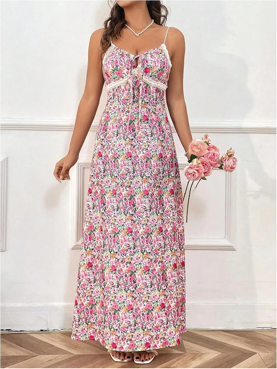 Floerns Women's Floral Print Tie Front Milkmaid Dress Sleeveless Vacation Flared Maxi Dresses