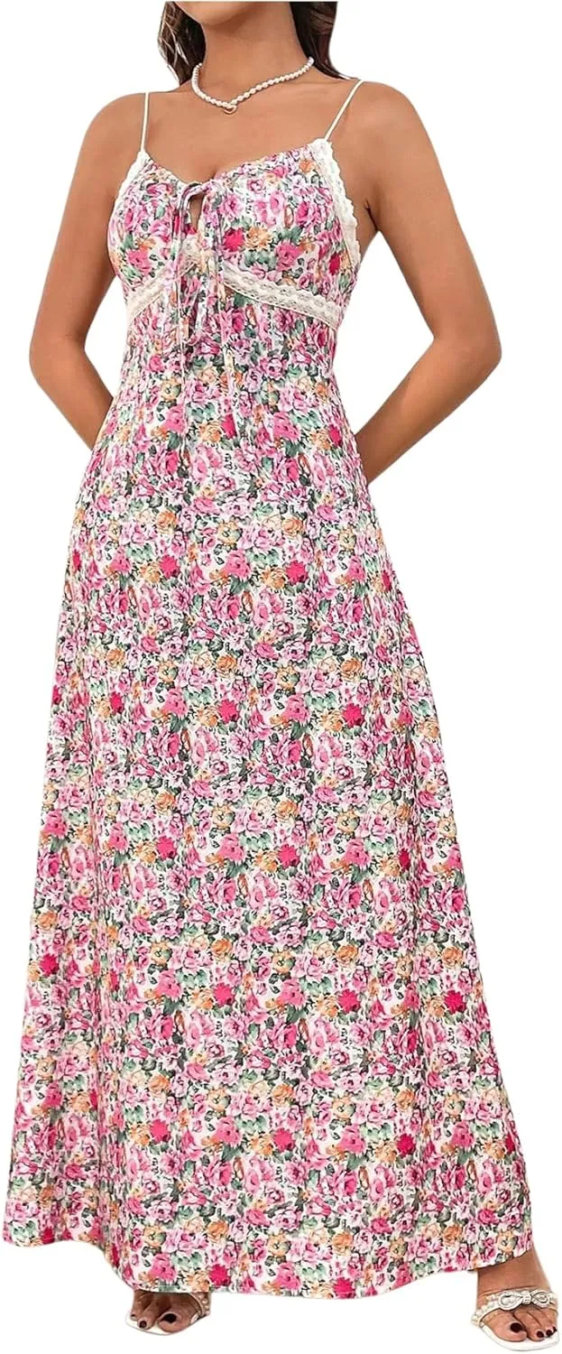 Floerns Women's Floral Print Tie Front Milkmaid Dress Sleeveless Vacation Flared Maxi Dresses