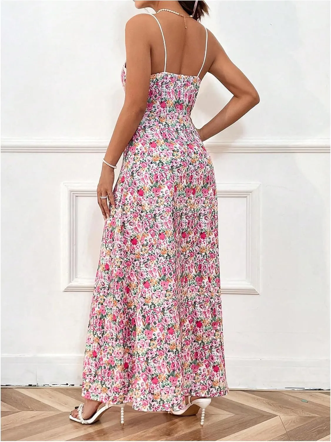 Floerns Women's Floral Print Tie Front Milkmaid Dress Sleeveless Vacation Flared Maxi Dresses