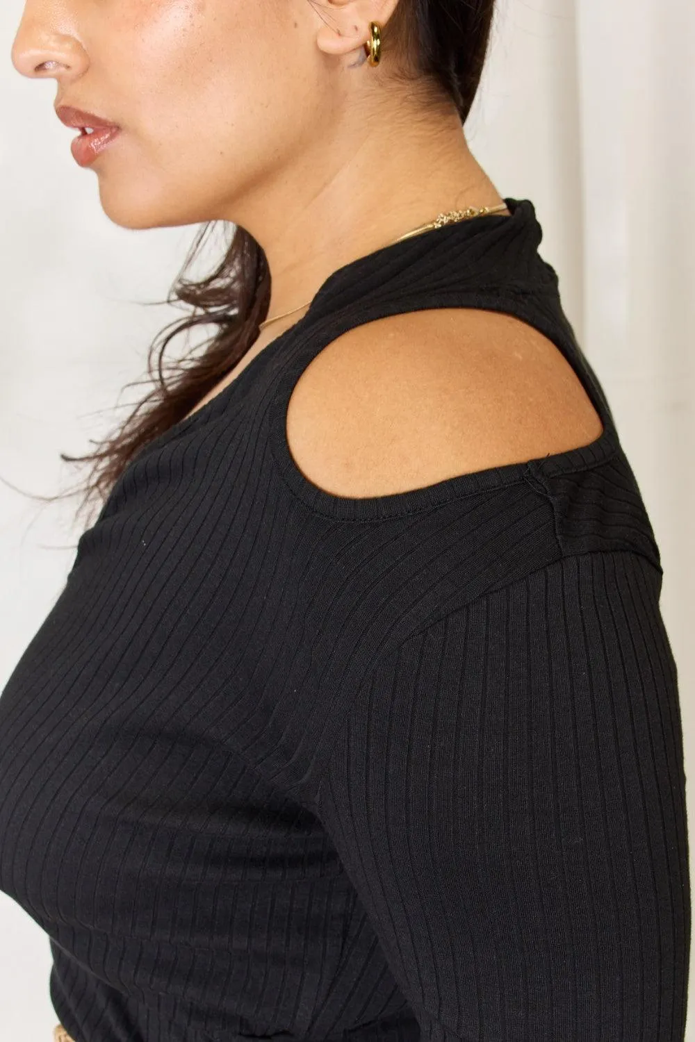 Full Size Ribbed Surplice Cold Shoulder Top