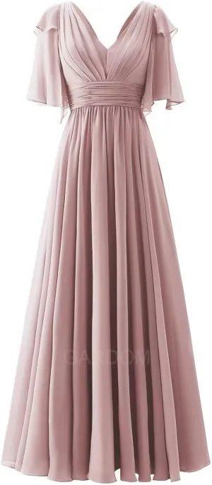 GARDOM Ruffle Sleeves Bridesmaid Dress for Wedding V Neck Chiffon Long Maxi Formal Dresses Wedding Evening Party Gowns