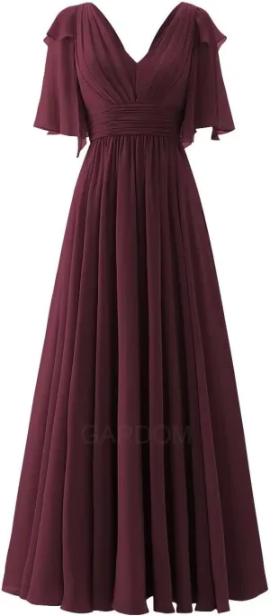 GARDOM Ruffle Sleeves Bridesmaid Dress for Wedding V Neck Chiffon Long Maxi Formal Dresses Wedding Evening Party Gowns