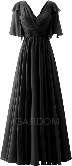 GARDOM Ruffle Sleeves Bridesmaid Dress for Wedding V Neck Chiffon Long Maxi Formal Dresses Wedding Evening Party Gowns