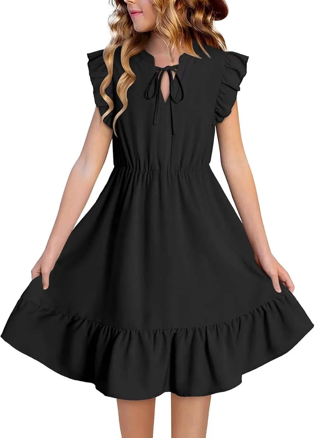 Girls Dresses Ruffle Trim Sleeveless V Neck Casual A-Line Flowy Dress with Pockets