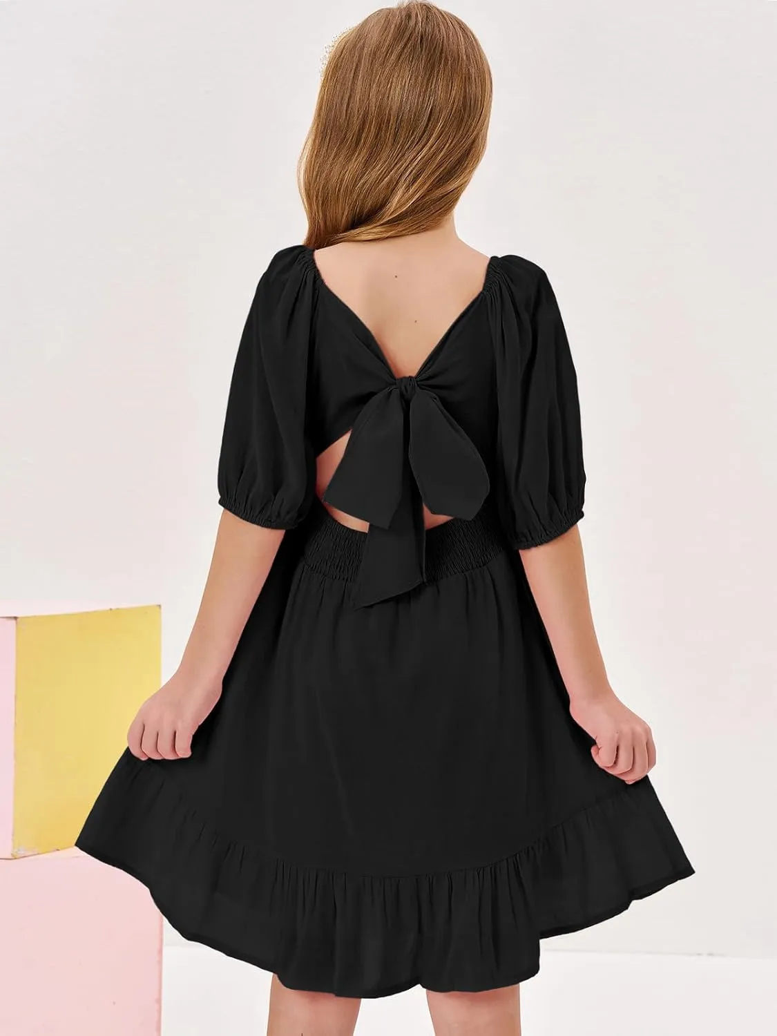 Girls Summer Dresses Square Neck Lantern Sleeve Tie Backless Ruffle A-Line Party Mini Dress