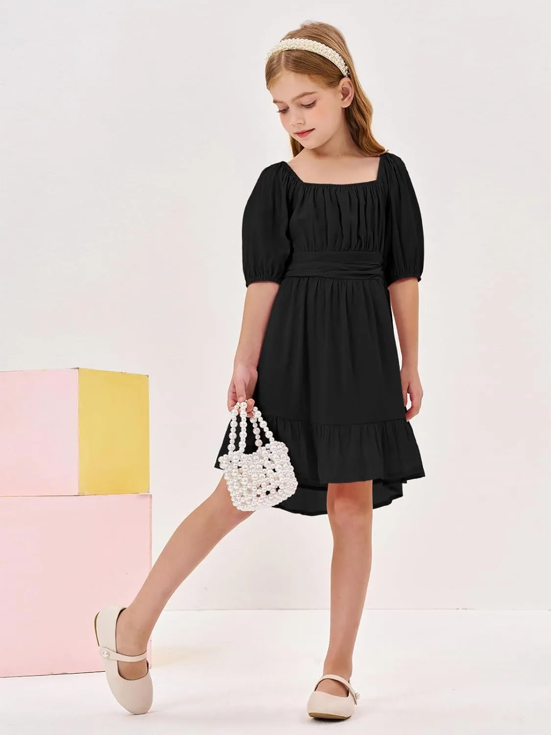 Girls Summer Dresses Square Neck Lantern Sleeve Tie Backless Ruffle A-Line Party Mini Dress