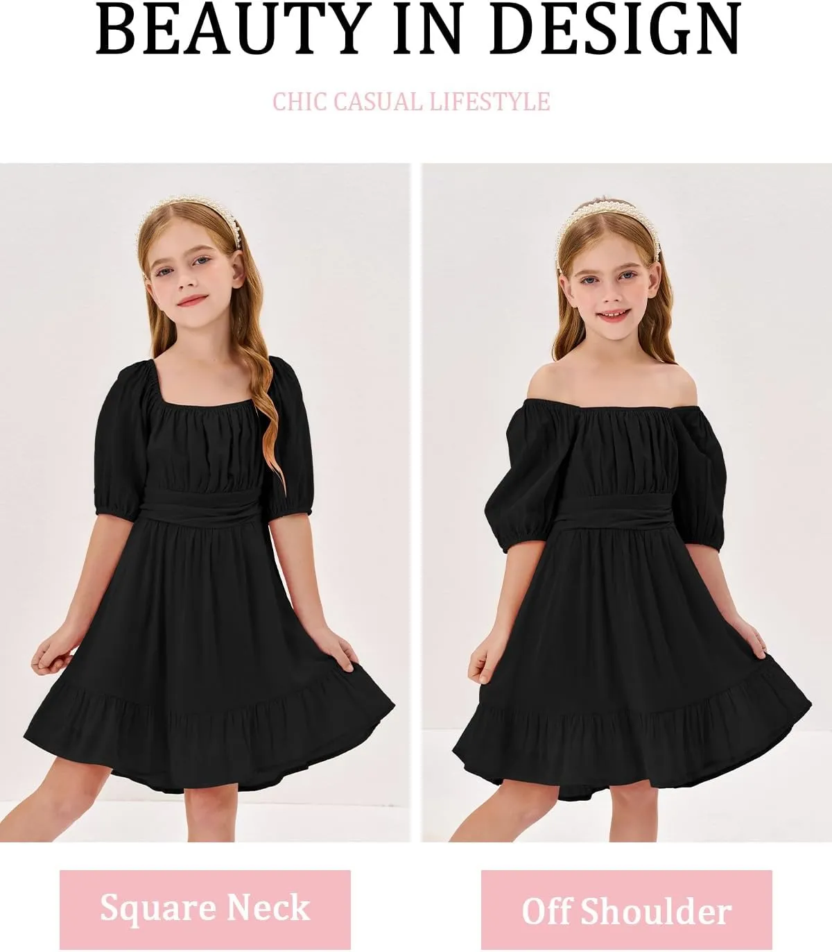 Girls Summer Dresses Square Neck Lantern Sleeve Tie Backless Ruffle A-Line Party Mini Dress