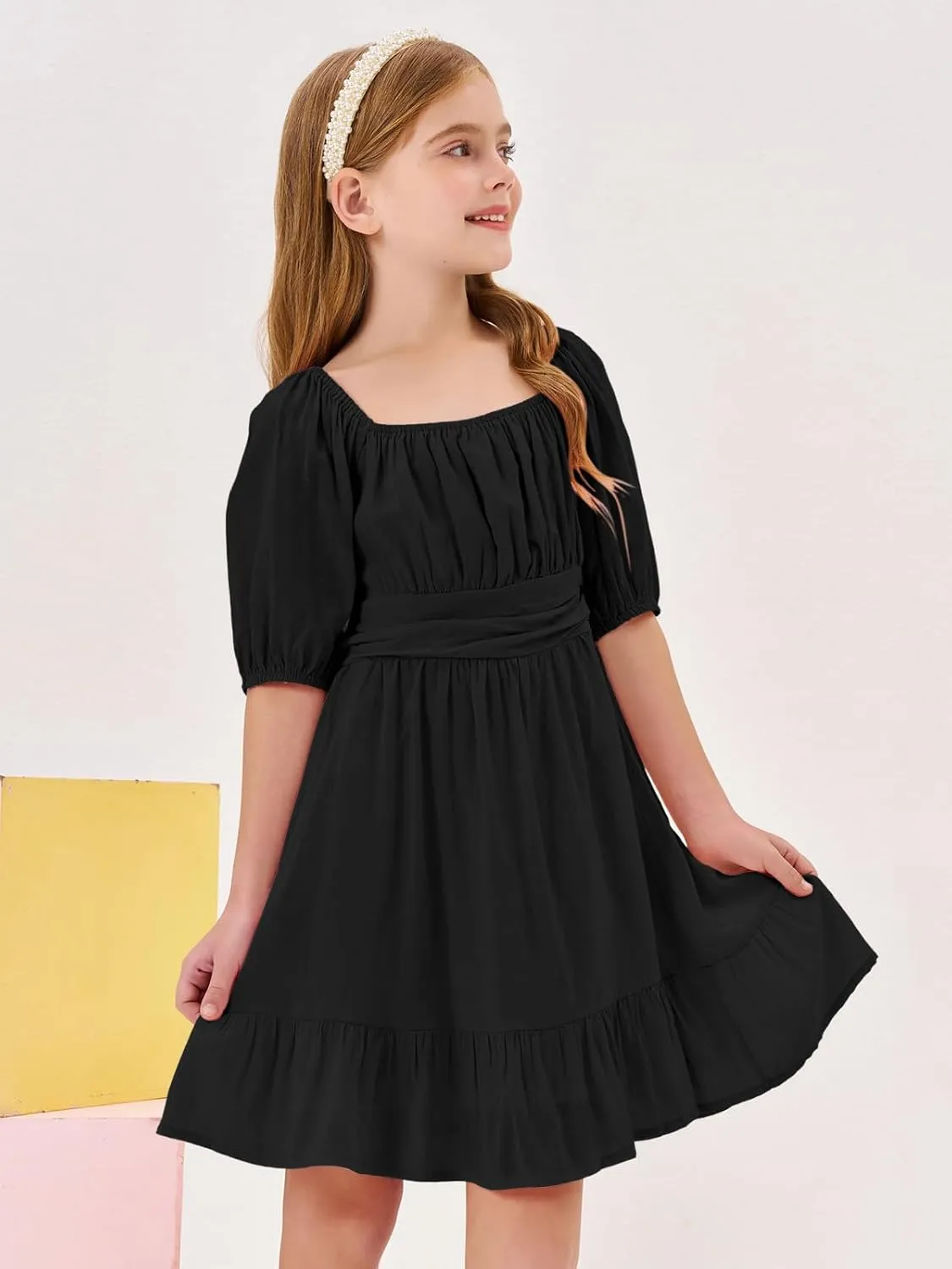 Girls Summer Dresses Square Neck Lantern Sleeve Tie Backless Ruffle A-Line Party Mini Dress