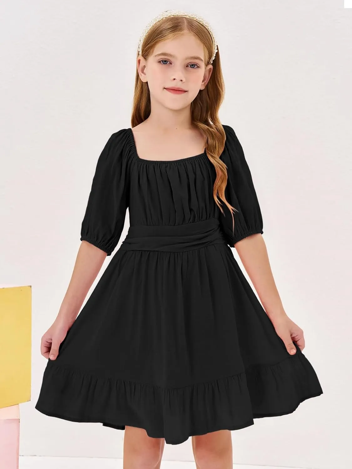 Girls Summer Dresses Square Neck Lantern Sleeve Tie Backless Ruffle A-Line Party Mini Dress