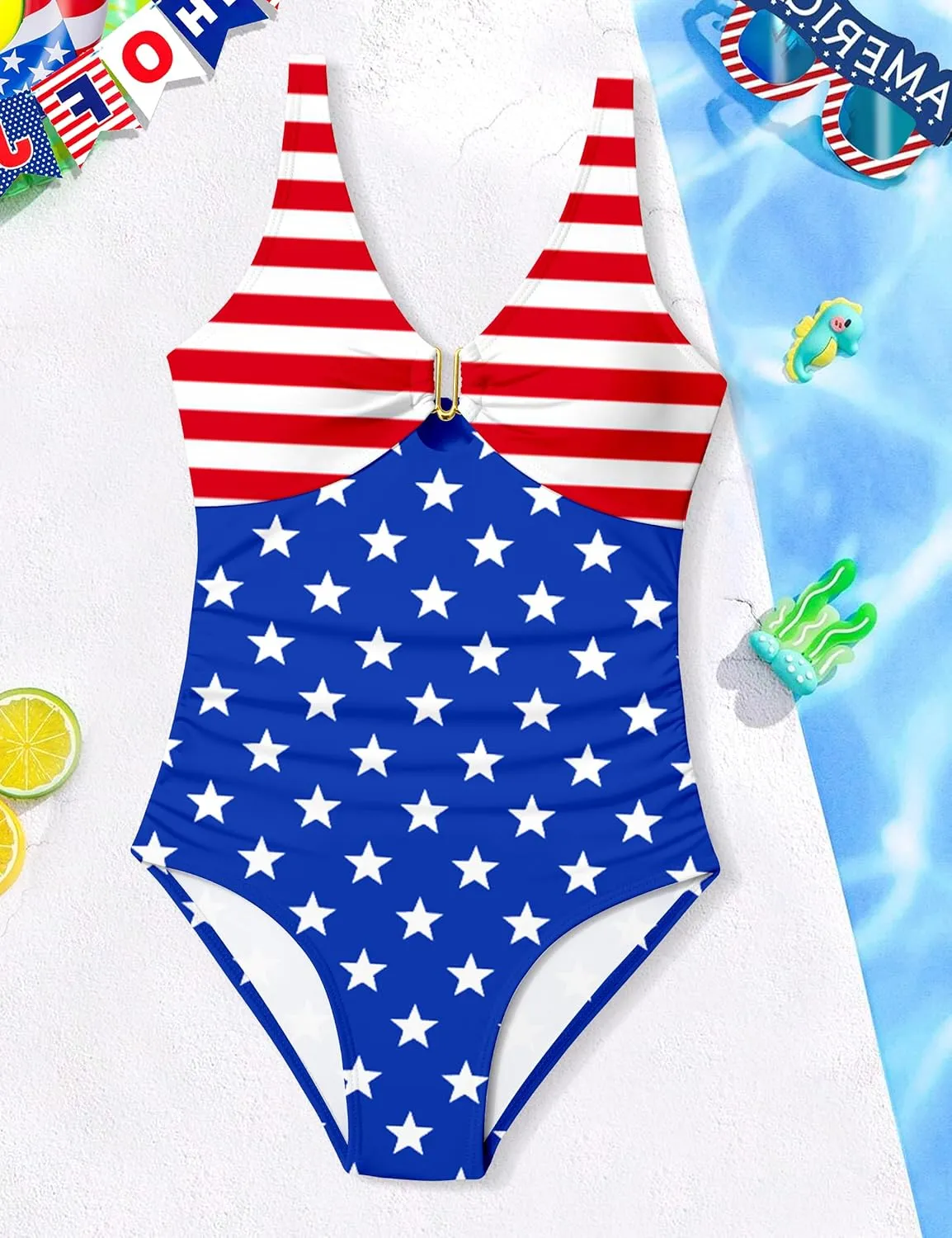 Girls Swimsuit Ruched V Neck One Piece Bathing Suit with Adjustable Straps Solid Color Girls' Swimwear 9-16T