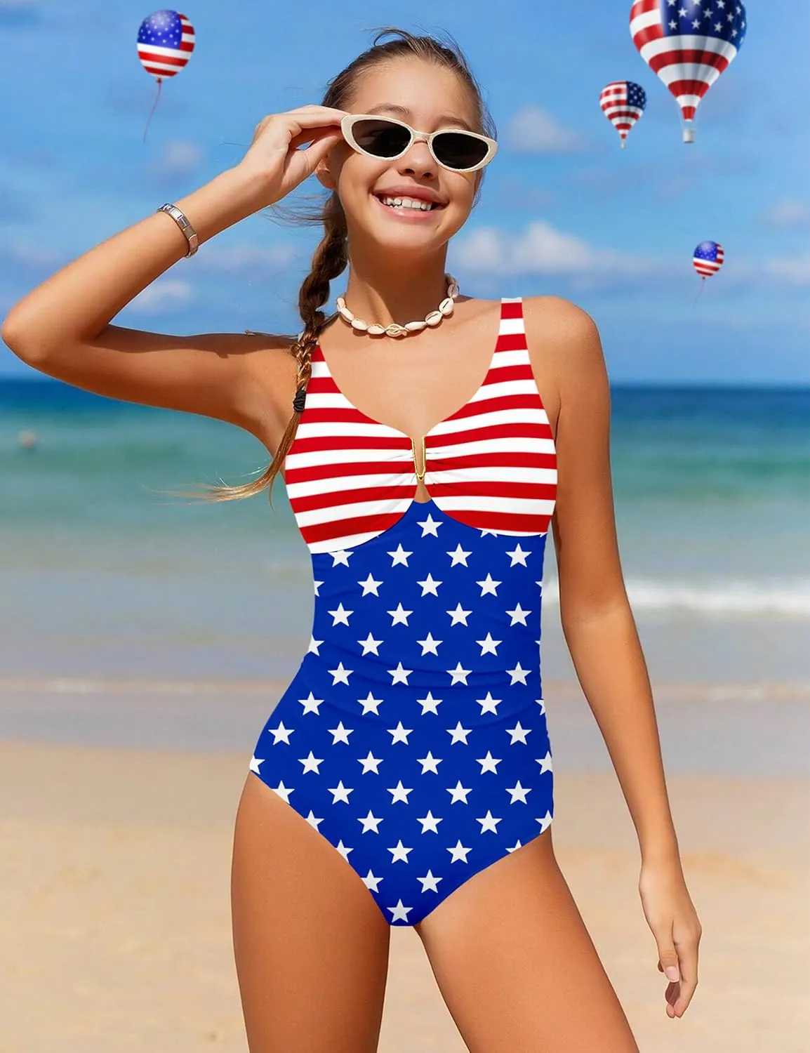 Girls Swimsuit Ruched V Neck One Piece Bathing Suit with Adjustable Straps Solid Color Girls' Swimwear 9-16T