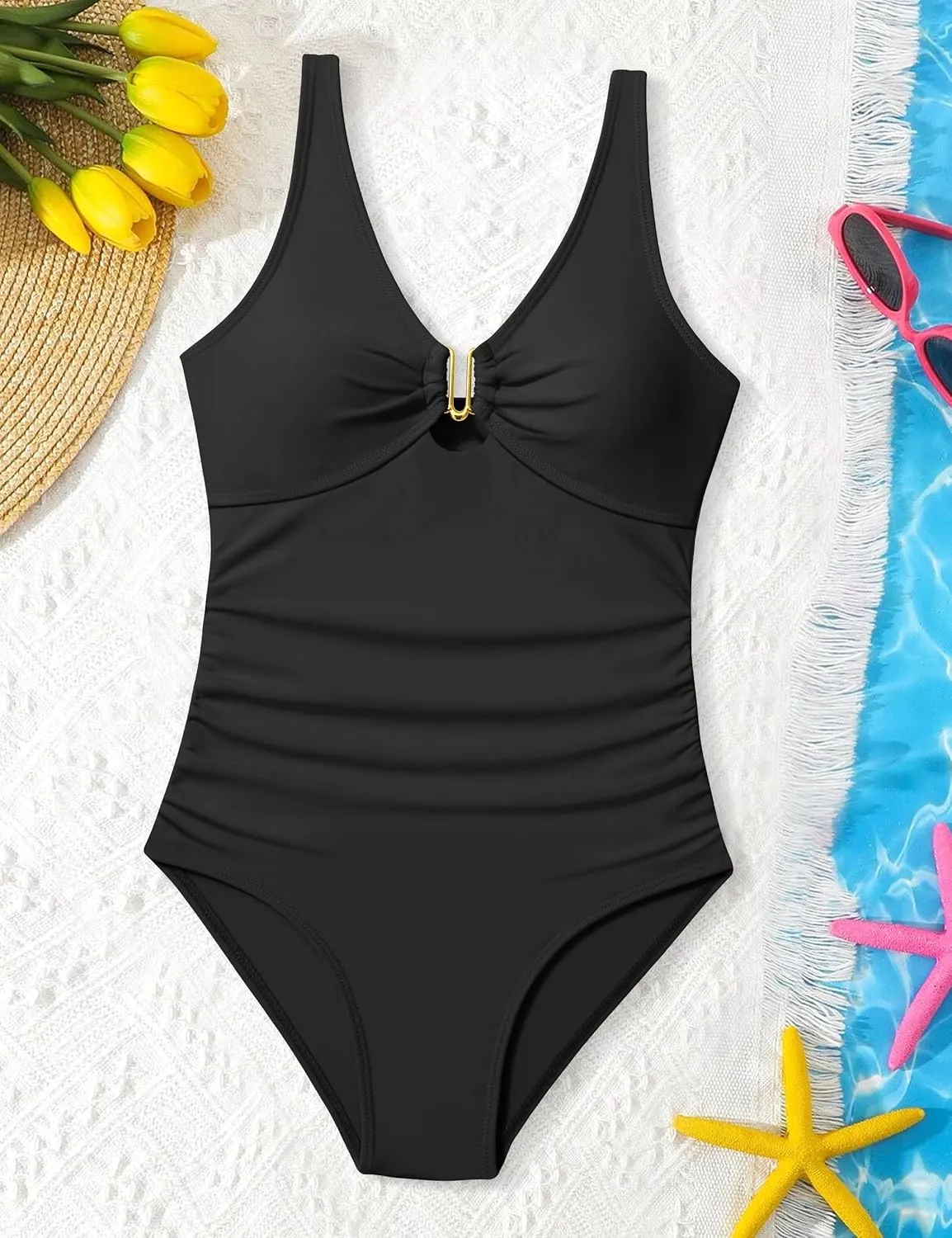 Girls Swimsuit Ruched V Neck One Piece Bathing Suit with Adjustable Straps Solid Color Girls' Swimwear 9-16T